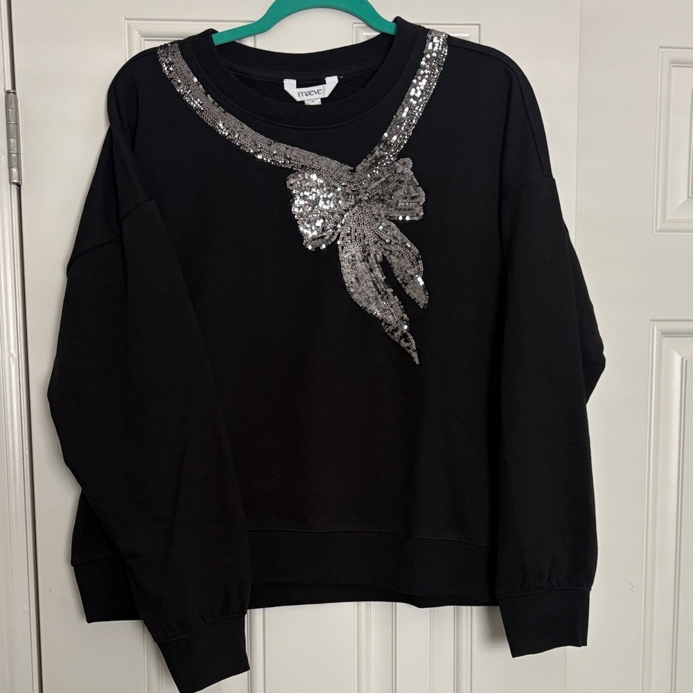 Maeve Black Sweatshirt with Silver Sequin Bow